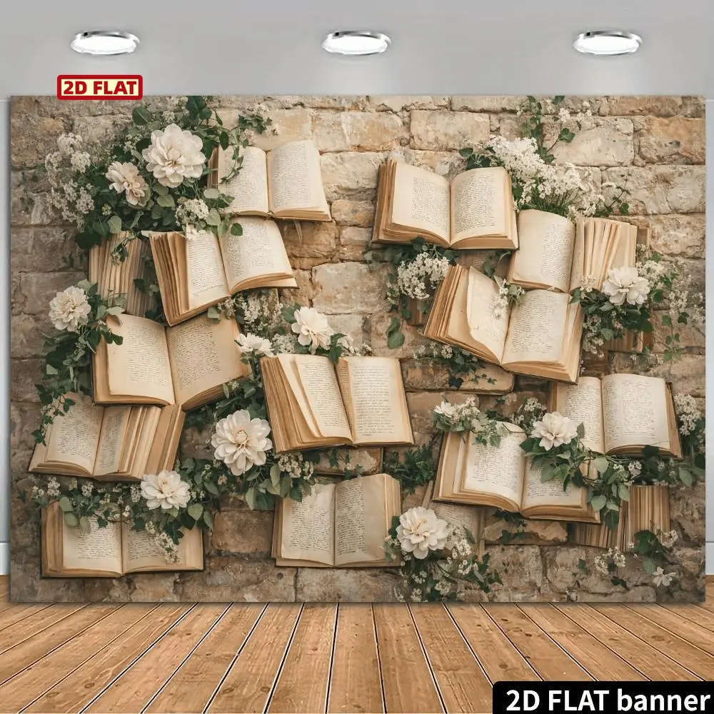 2D Flat Vintage Book Floral Theme Banner Backdrop with Brick Wall Scene, Featuring Stacked Old Books, White Flowers, And Green Plant Elements, Durable Material, No Power Supply Required, Suitable for Indoor/Outdoor Photography And