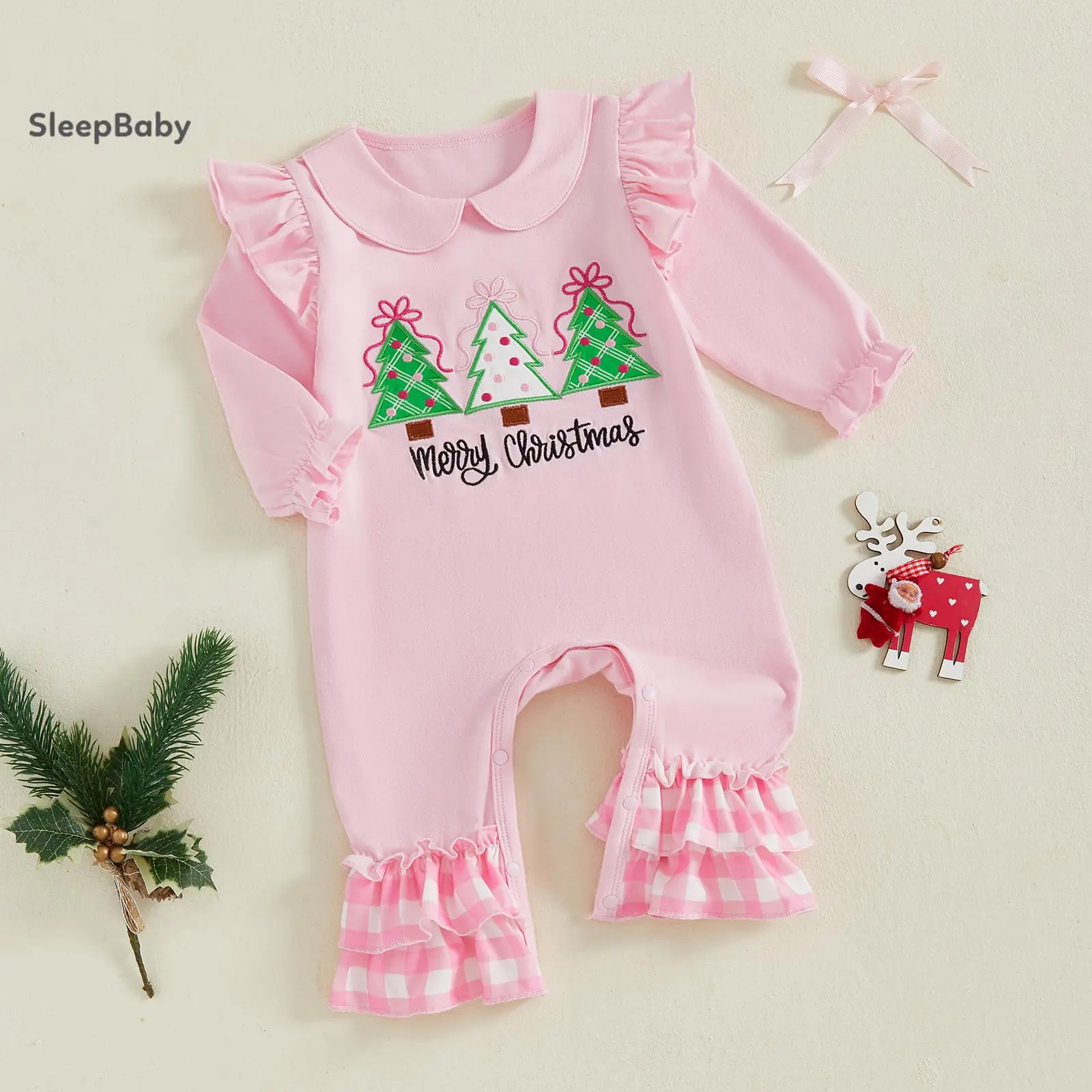 Pink Christmas Tree Embroidery Baby Long Sleeve Romper Peter Pan Collar Ruffle Plaid Hem Cotton Infant Winter Holiday Indoor Daily Casual Loungewear
