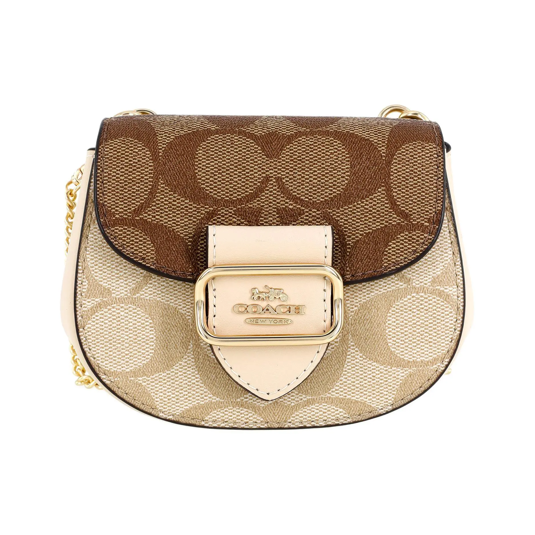 COACH Morgan 13 Saddle Bag with Gold Logo – Classic Monogram Canvas and Leather Crossbody/Shoulder Bag for Women in Khaki
