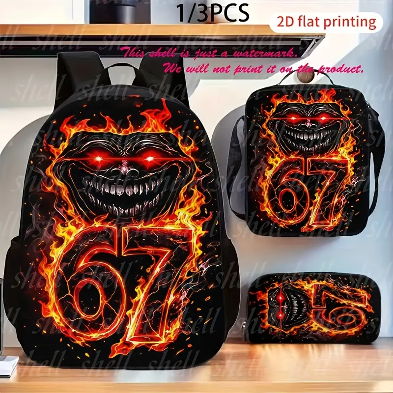 1pc/3pcs Flame 67 Pattern Printed Backpack (2D Flat Printing), One Pencil Case, and One Zipper Crossbody Bag, Lightweight Travel Backpack for School, Work, Travel, Casual Professional Laptop Bag, Backpack, Highly Functional, 17in Bookpack