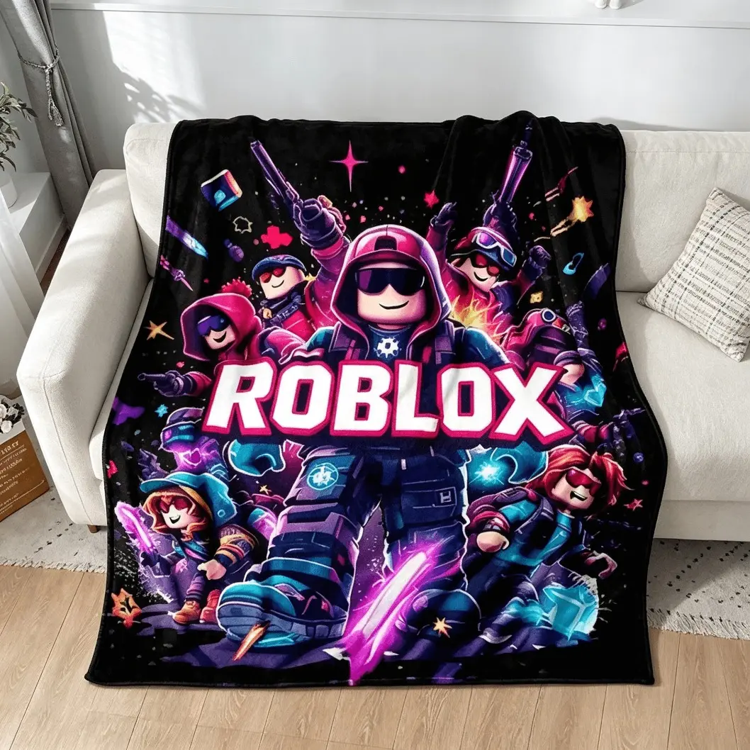 Roblox Style Game Cartoon Flannel Blanket, Ultra Soft Cozy Warm Throw Blanket for Adults And Children, Gaming Room Bedroom Sofa Decor, Lightweight Comfort Blanket, Birthday Christmas Gift for Roblox Fans