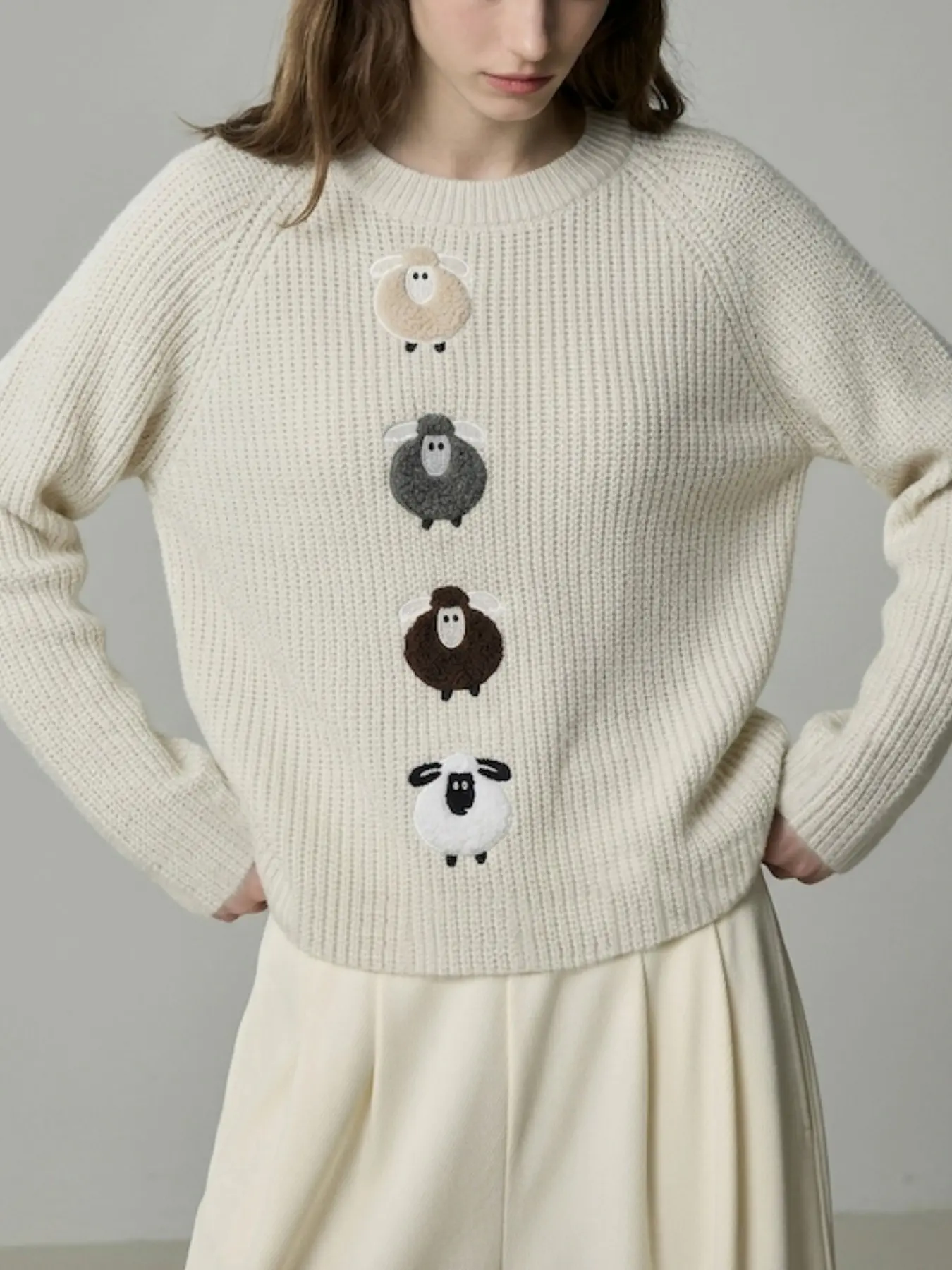 Cute Colorblock Sheep Patchwork Round Neck Knit Top for Women, Cozy Knitwear Loose-Fitting Long Sleeve Fall Winter Casual Everyday Outerwear Sweater