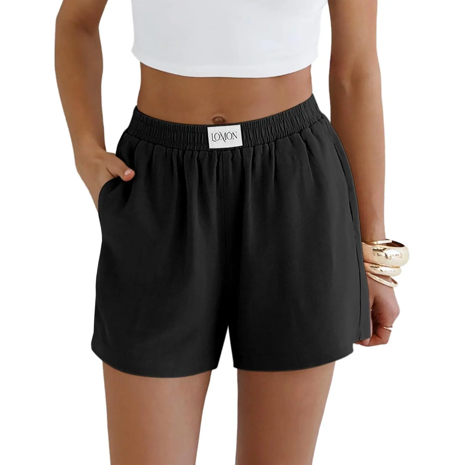 Women's LOMON Linen High-Rise Solid Loose Shorts - Women's Clothes Bottoms with Pockets, Comfy Lightweight for Summer Beach Vacation Cruise Lounge Outfits, Beach Cover Ups, Linen Fabric, Casual, Above Knee, Bottom Shorts
