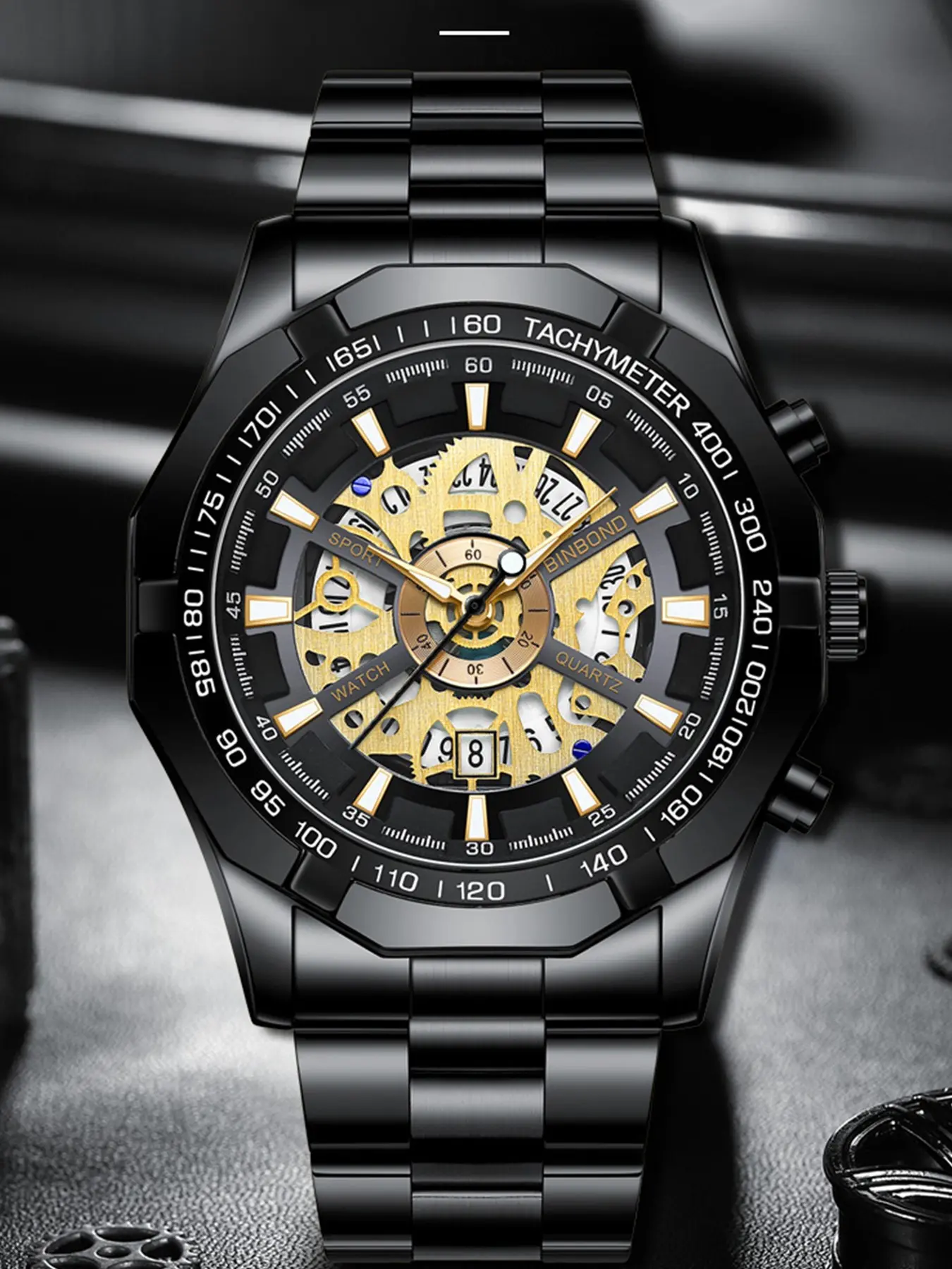 1PCS BINBOND S033 men's watch top brand luxury stainless steel waterproof hollow blue watch, men's business fashion watches, fashionable round dial quartz watch with box and watch regulator.