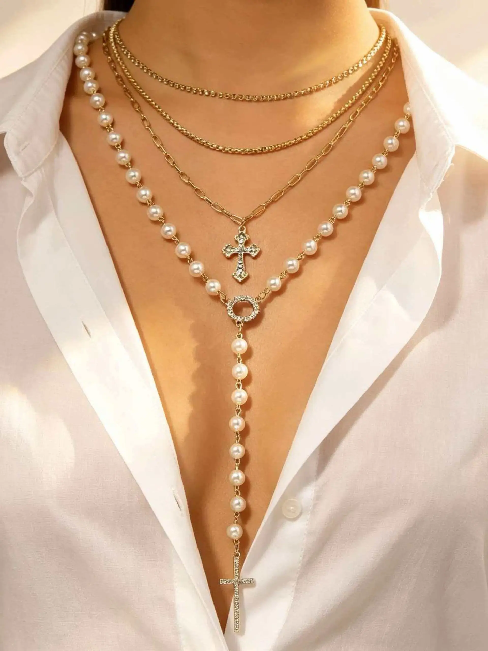 4pc French Vintage Rhinestone Cross Layered Necklace, Pearl Spaced Chain, Unique Stackable Long Necklace, Elegant All-Season Jewelry