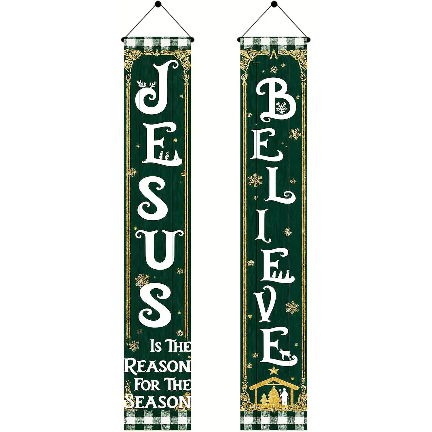 Believe  Christian Christmas Porch Banners 12x71 Inch Green  Grain Angels Nativity Scene  Welcome  Banners Religious Holiday  Decor for Front Door Outdoor Decoration
