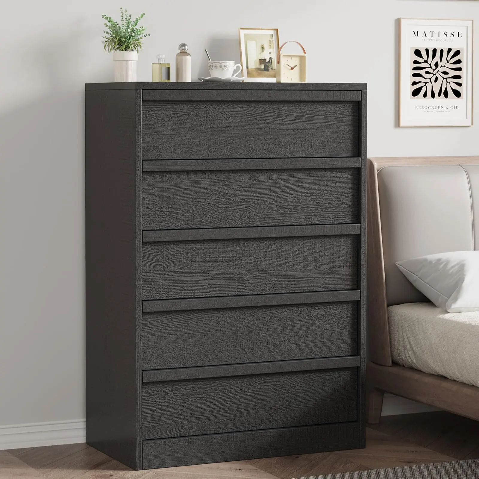 Gaomon Modern 5 Drawer Dresser for Bedroom, Tall Wooden Chest of Drawers, Storage Cabinet Wardrobe Organizer for Closet Nursery Living Room, Space Saving Tallboy Furniture Chest