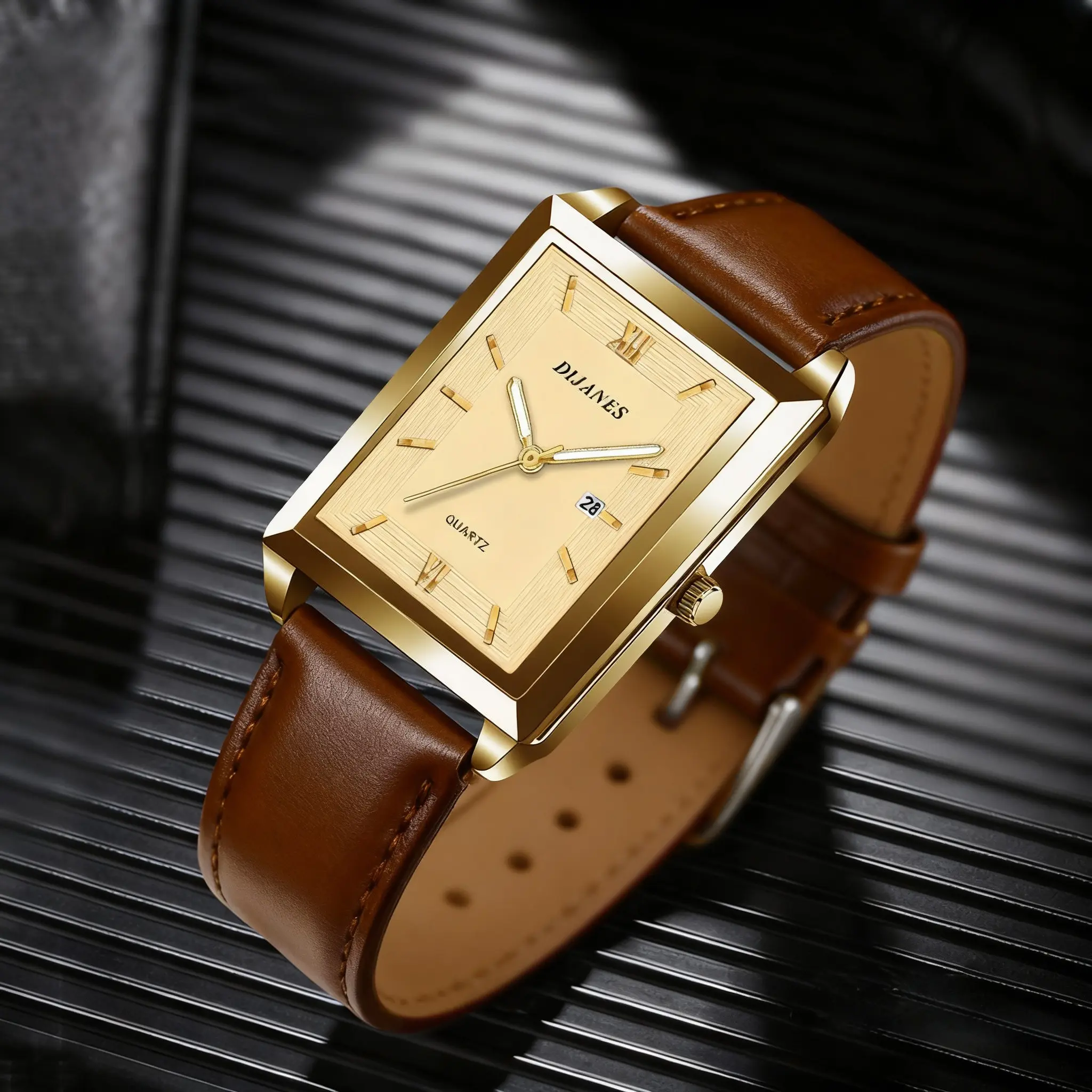 Rectangle Quartz Watch for Men, Leather Strap Date Display Casual Business Wristwatch, Golden/Black Case Stylish Analog Dress Watch, Gifts for Men