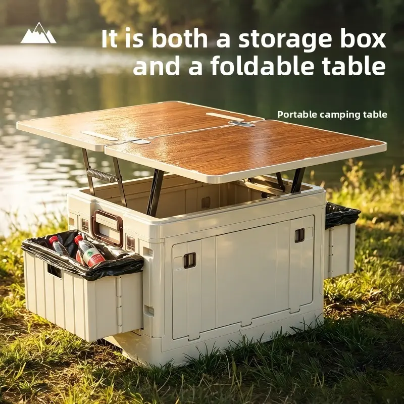 [Outdoor Storage Box] Adjustable Height Multi-Functional Outdoor Storage Box with Liftable Table Top, Collapsible Patio Deck Box with Side Drawers, Waterproof All-Weather Resin Organizer for Camping, Backyard, Picnic, Lightweight & Portable, Box,Cabinet,R