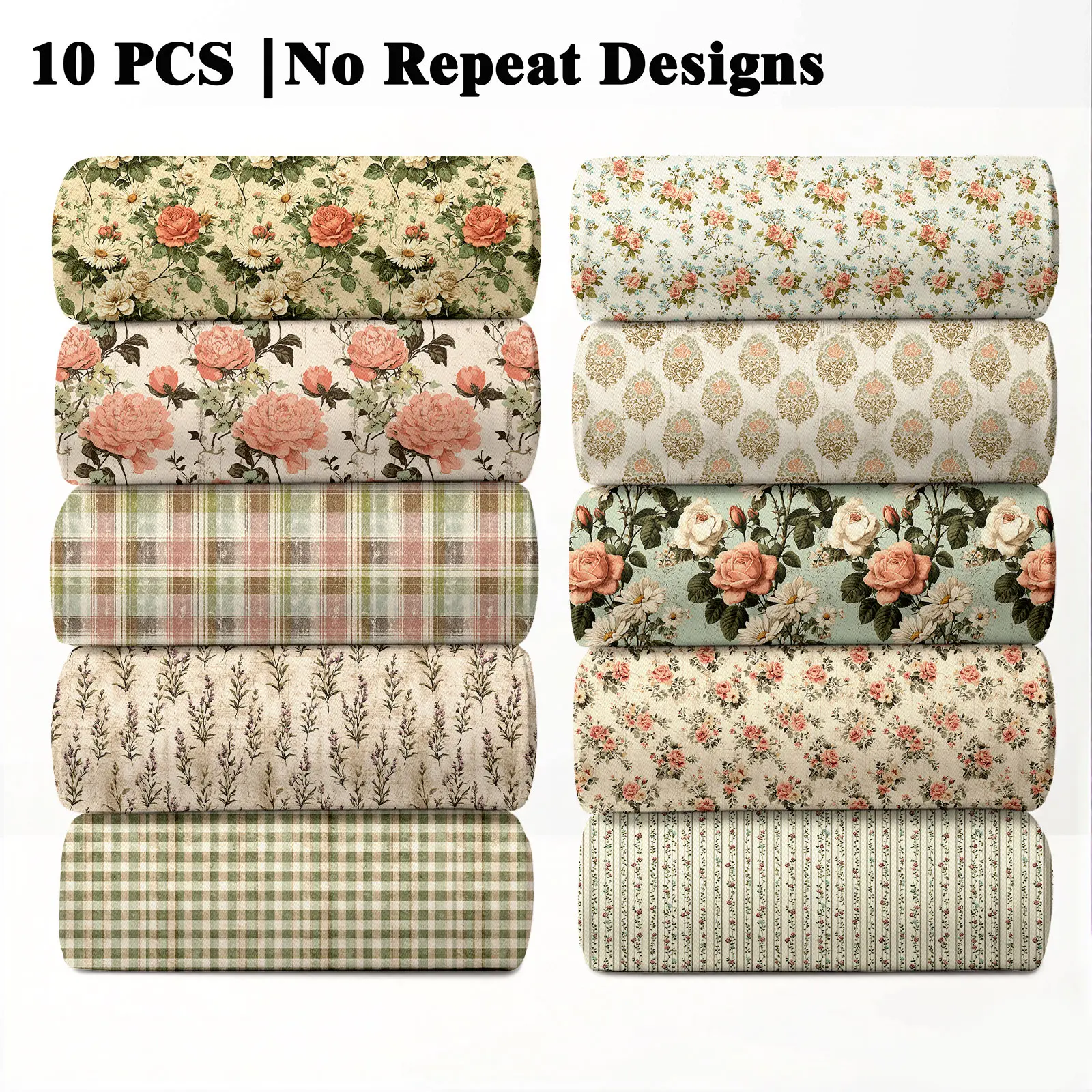 10PCS Vintage Cottage Decorative Floral No Repeat Designs Print Fabric, 23x55cm (9x22in) Classic Vintage Rural Pattern Quilting Home Decor DIY