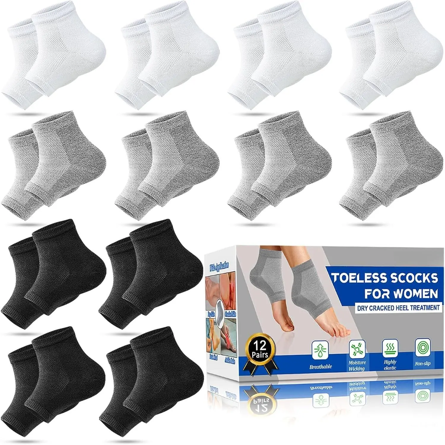 Moisturizing Socks,12 Pairs toeless Socks for Women for Dry Cracked Heel ,Cracked Heel,msilicone Socks for Women