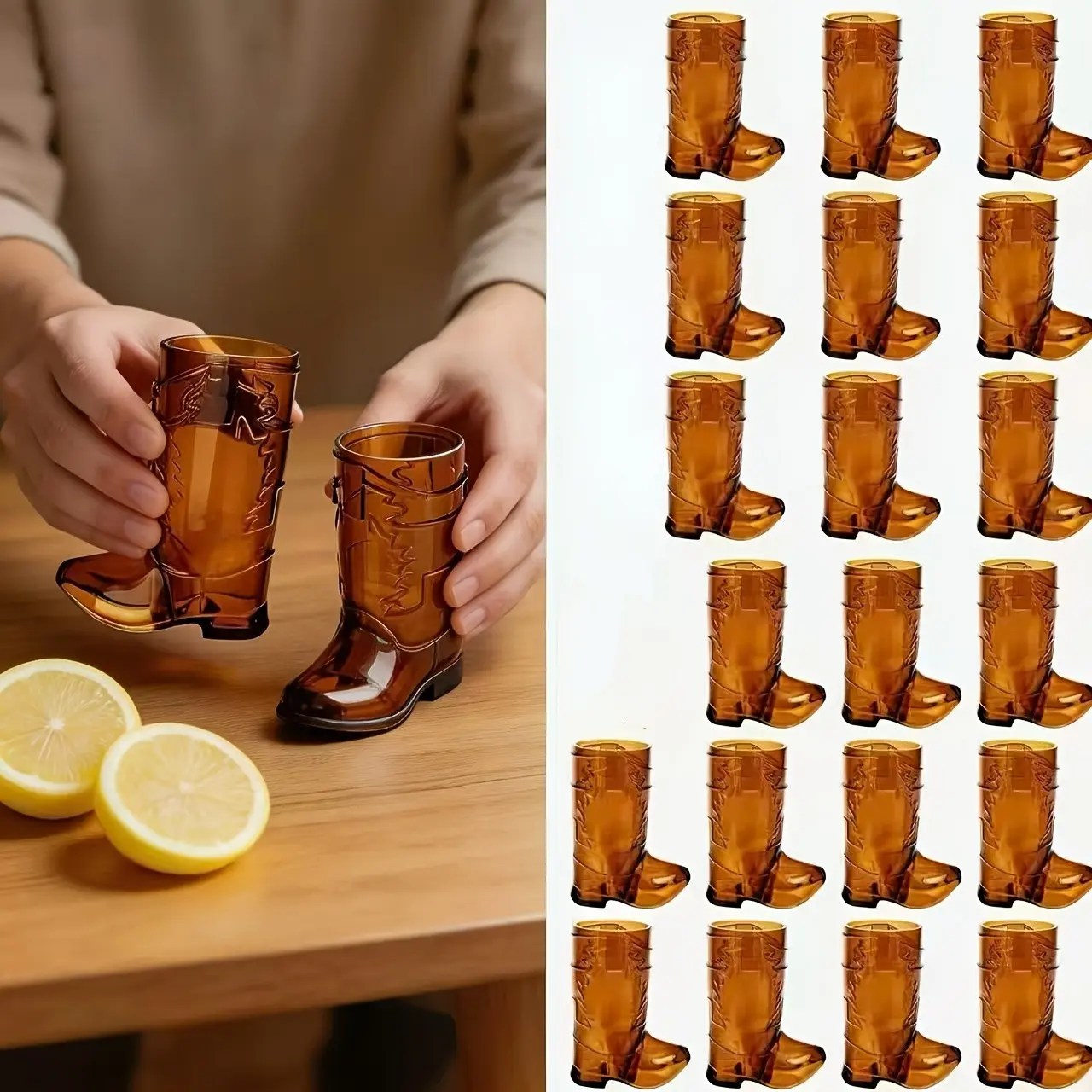 20-Pack Brown Western Cowboy Boot Cups, 1Oz Plastic Shot Glasses for Bachelorette, Birthday, Bachelor Party, And Bar Use