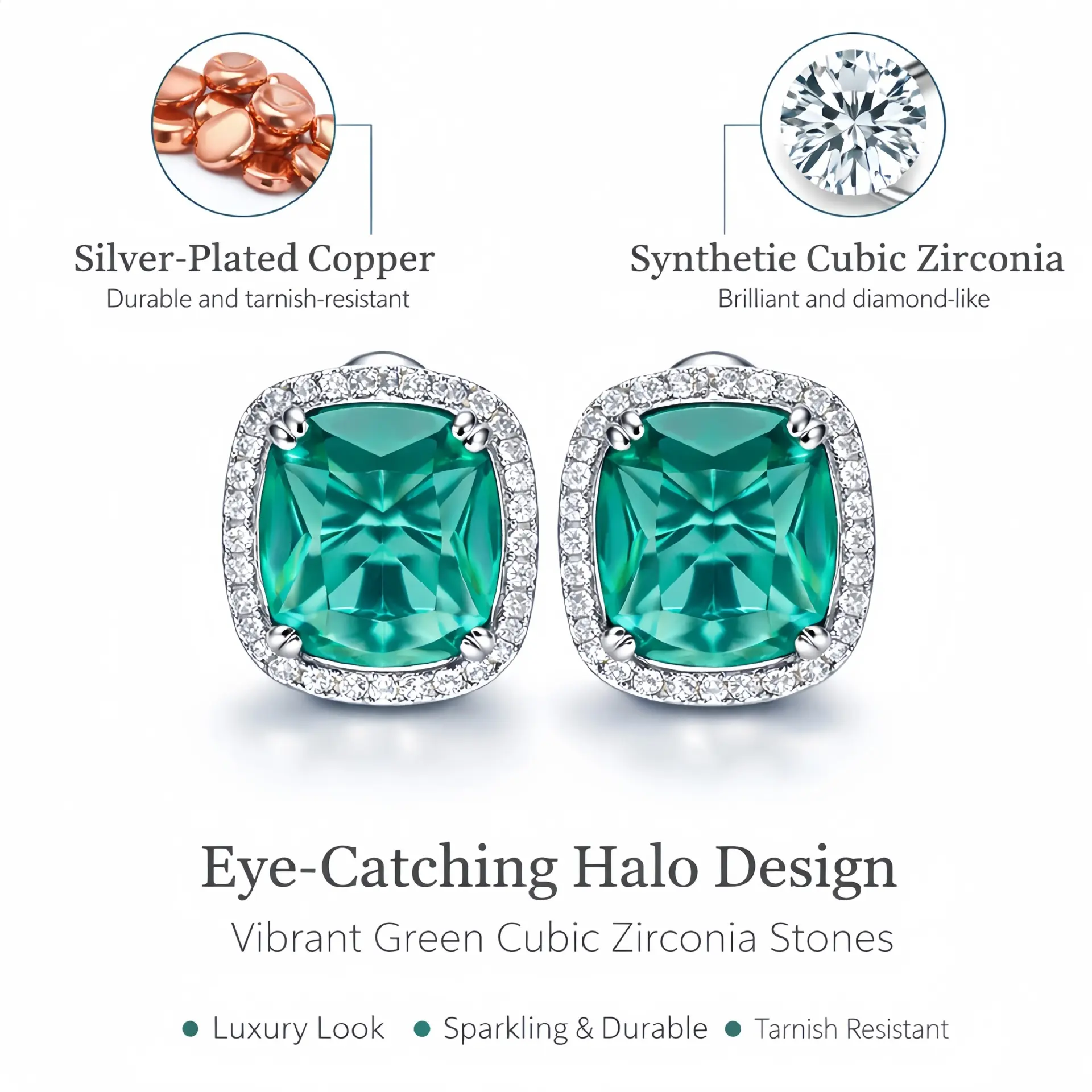Women's Cushion Cut Lake Teal Synthetic Zircon Halo Stud Earrings - Copper-Plated Silver, Sparkly Premium Daily Wear Jewelry, Refined Promise Gift for Valentine’s Day, Anniversary, All Seasons, Halo Frame, Sparkling Gems