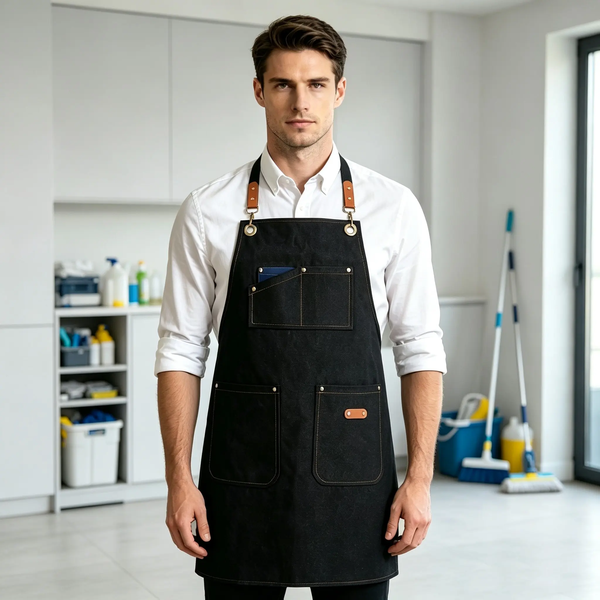 Vintage Canvas Chef Apron for Men Women, Large Storage Pockets, Cross Back Strap Design, Ideal for Cleaning Cooking Grilling Salon Work Uniform