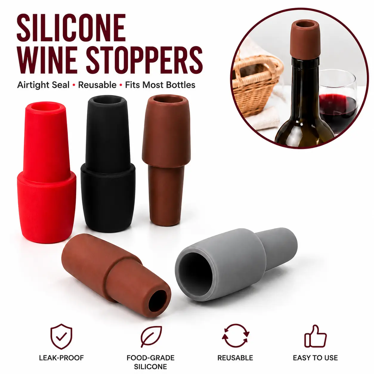 Random Color Silicone Wine Stopper, 2/4 Counts Reusable Wine Bottle Stopper, Champagne Stopper, Wine Sealer for Wine Bottles, Kitchen Gadgets-YY0