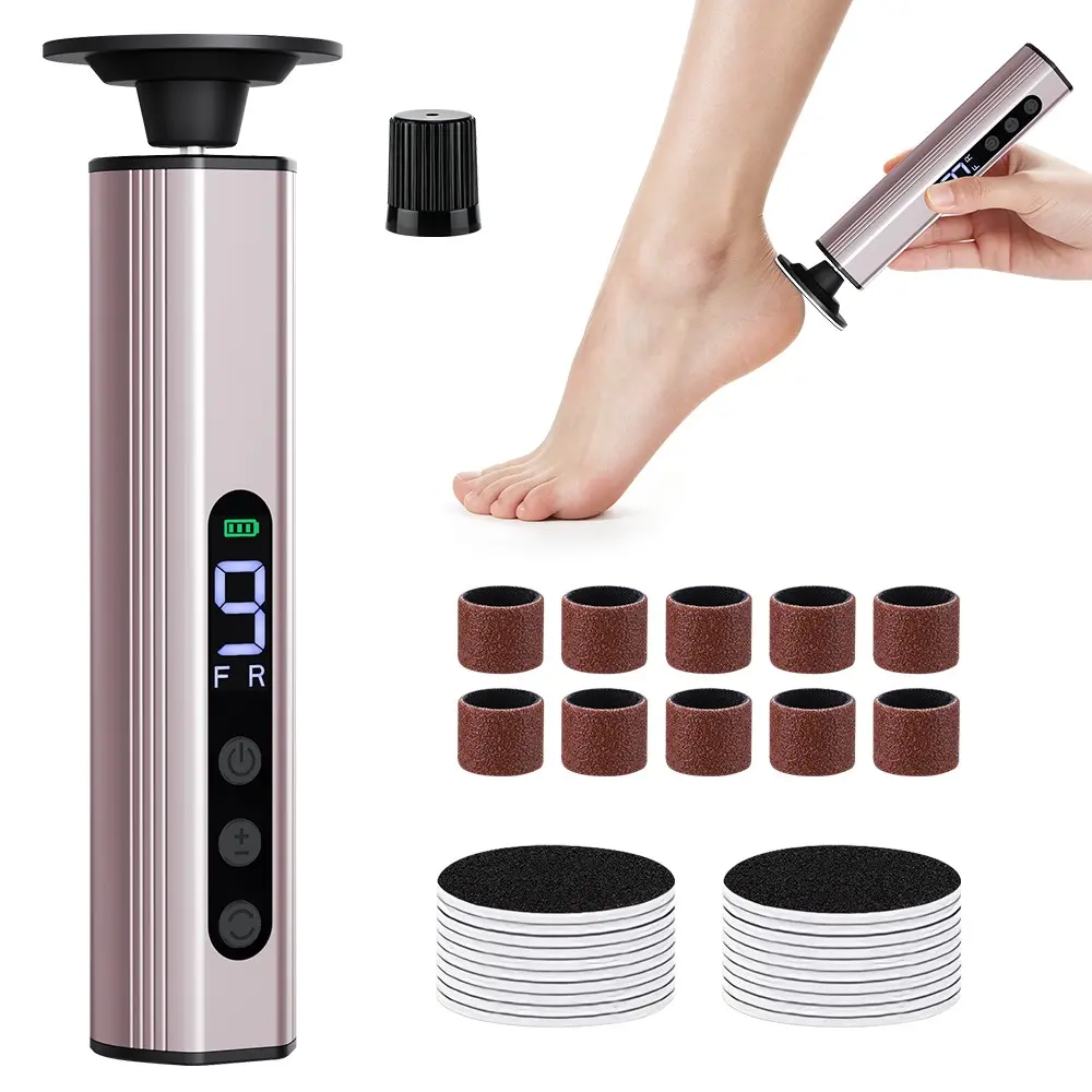 Aluminum Alloy Rechargeable Foot File, Foot Scraper for Dead Skin, 9-Step Adjustable Forward/reverse LED Display, Rose, Comfortable & Durable Design