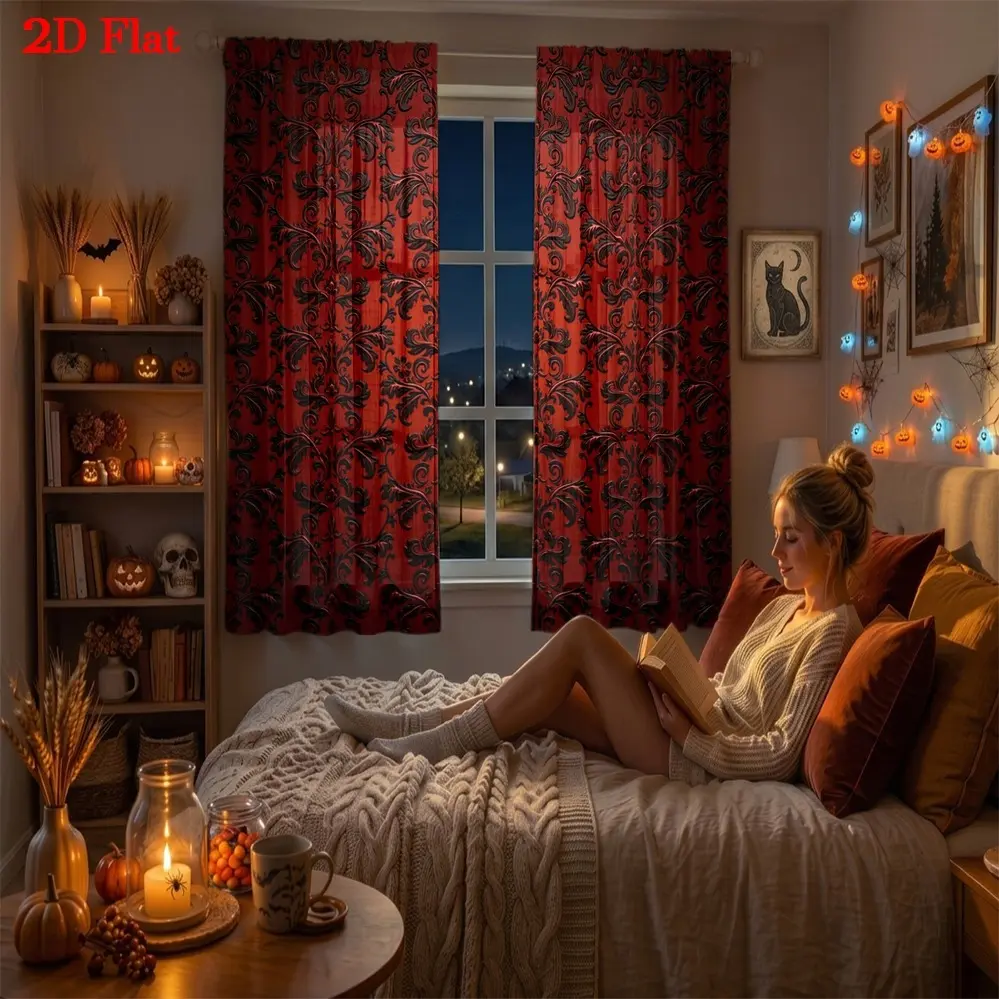 2D Flat 2Pcs Black Red Floral Damask Curtains for Bedroom Living Room Halloween Gothic Decor, Vintage Victorian Style, High Definition Printing, Darkening, Window Drapes Home Kitchen Study Hotel Decoration