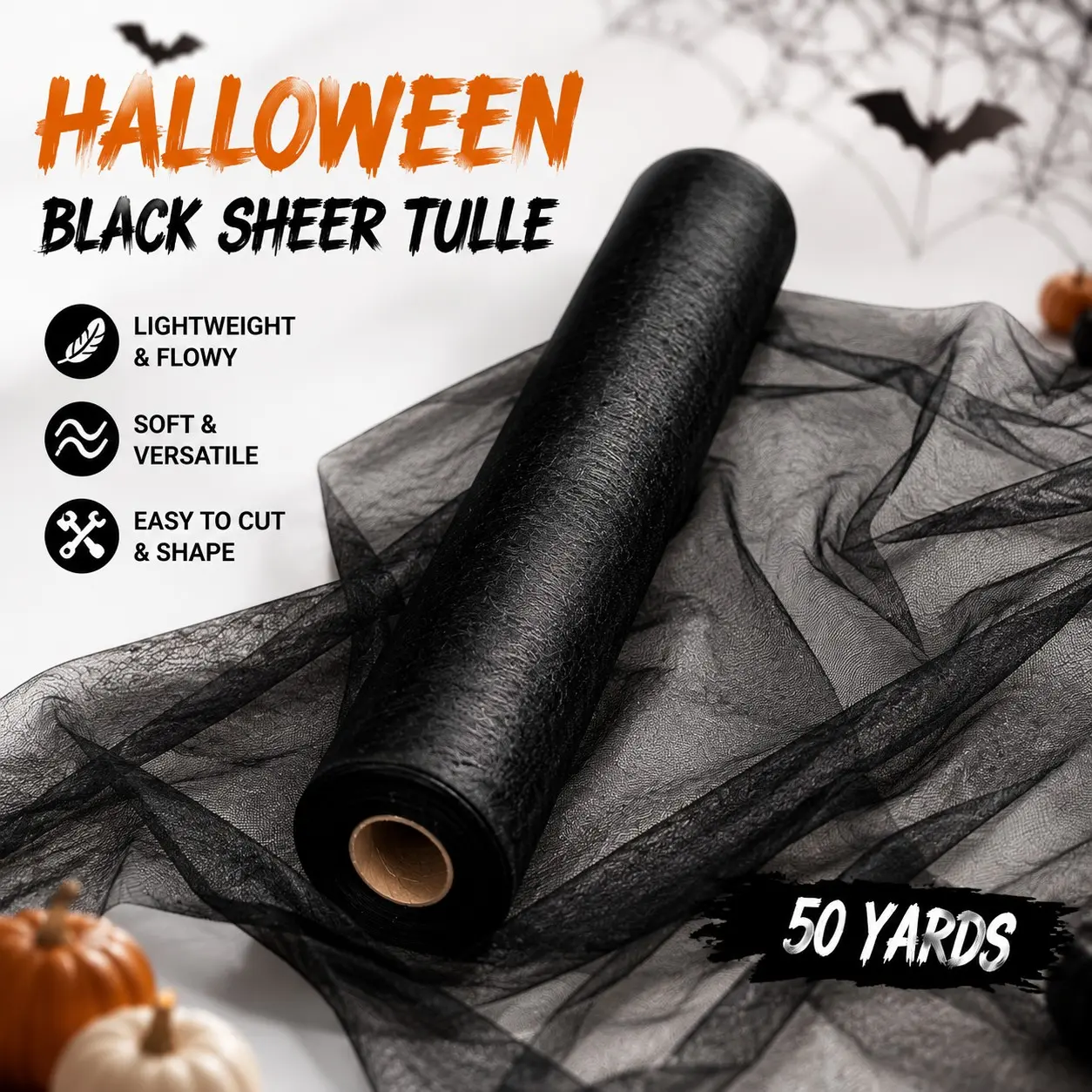 Halloween Black Tulle Fabric Roll 50 Yards, Sheer Mesh Fabric for Party Decoration, DIY Crafts, Spider Web Decor