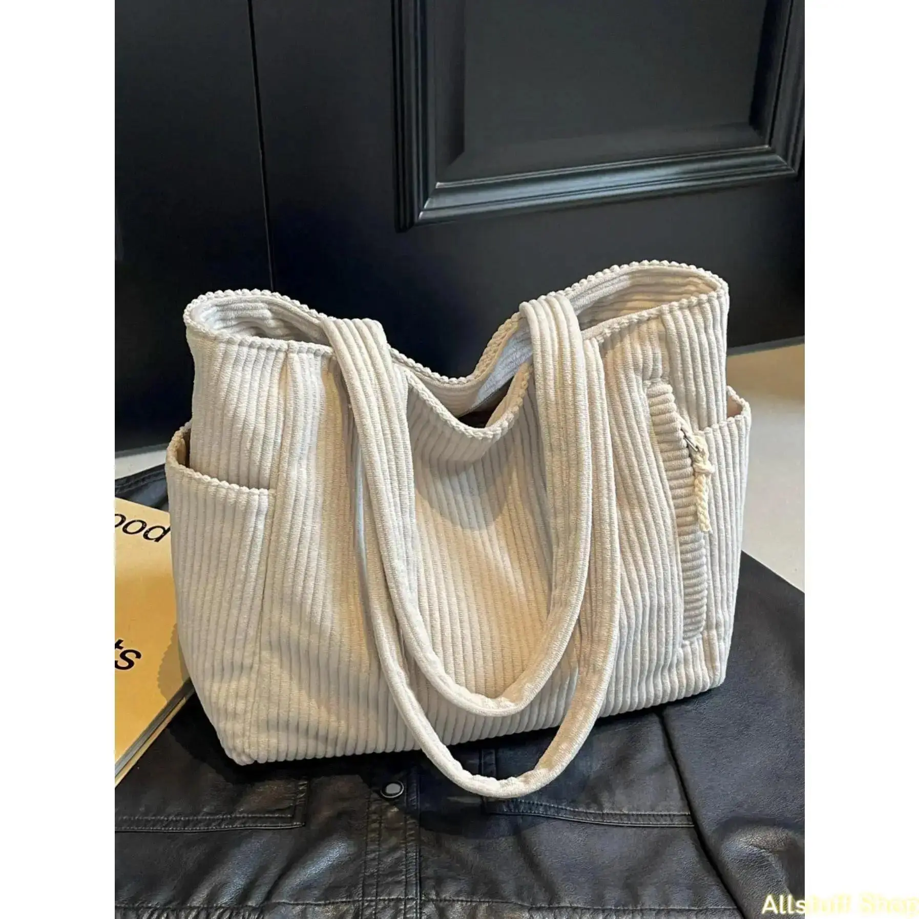 Women's Minimalist Corduroy High-Capacity Tote Satchel - Adjustable, Waterproof, Zip-Closure, Slip-On, Basic Look, Odor-Resistant, Tote Bags for School, Work Bag, Everyday Use
