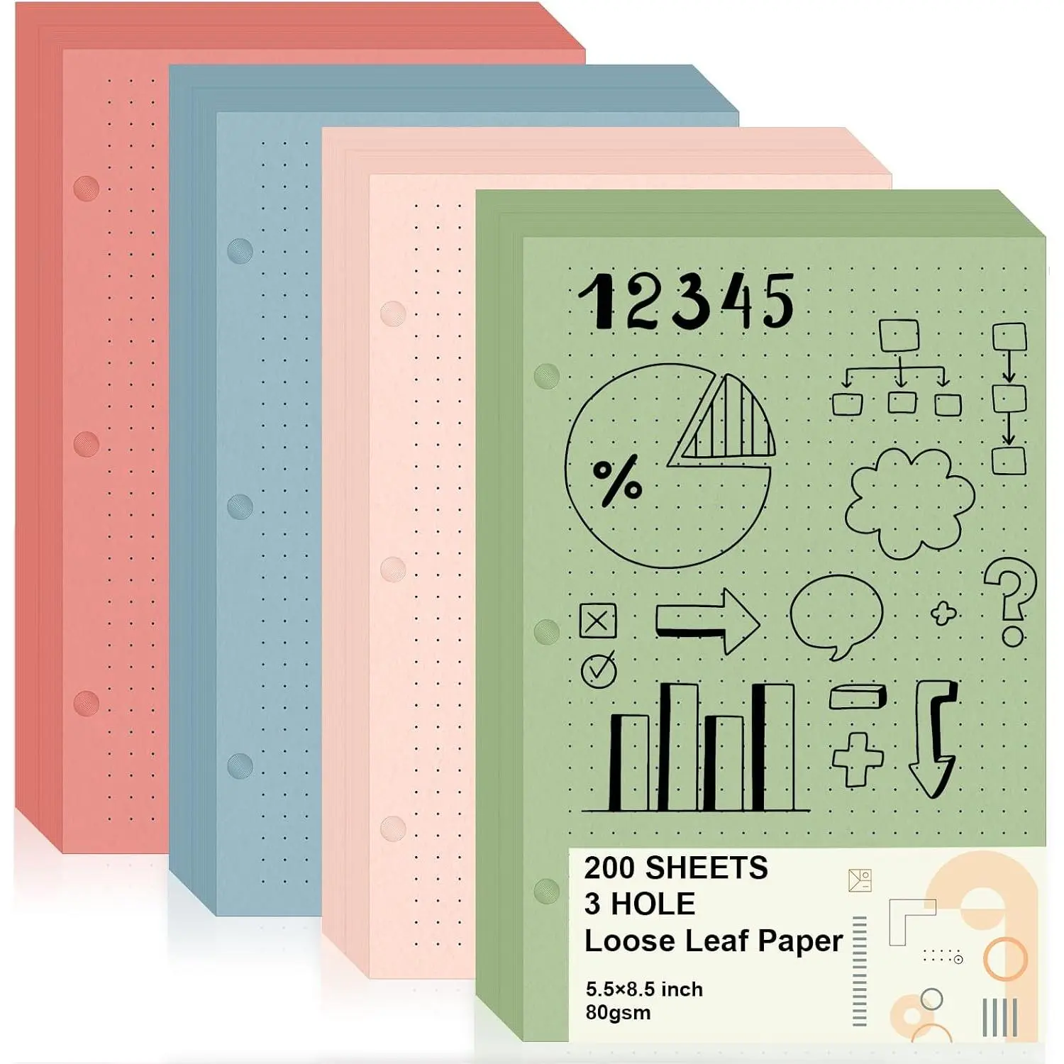 200 Sheets 5.5 X 8.5 Inch Half Letter 3 Hole Notebook Dot Grid Paper Loose Leaf Paper for Mini Binder Colored Dotted Graph Paper Bulk Dotted Paper Refills for Planner Inserts for School Office
