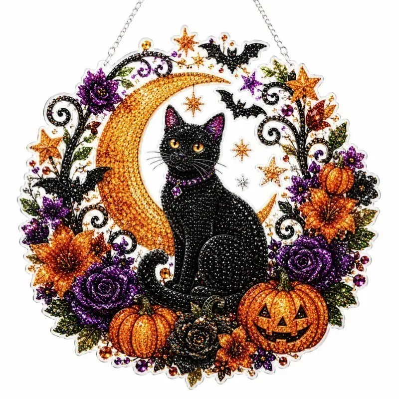 Halloween Diamond Painting Kit - Black Cat Moon & Skull Pumpkin Acrylic Art Set, DIY Paint with Diamonds for Kids Adults, Festive Craft Gift