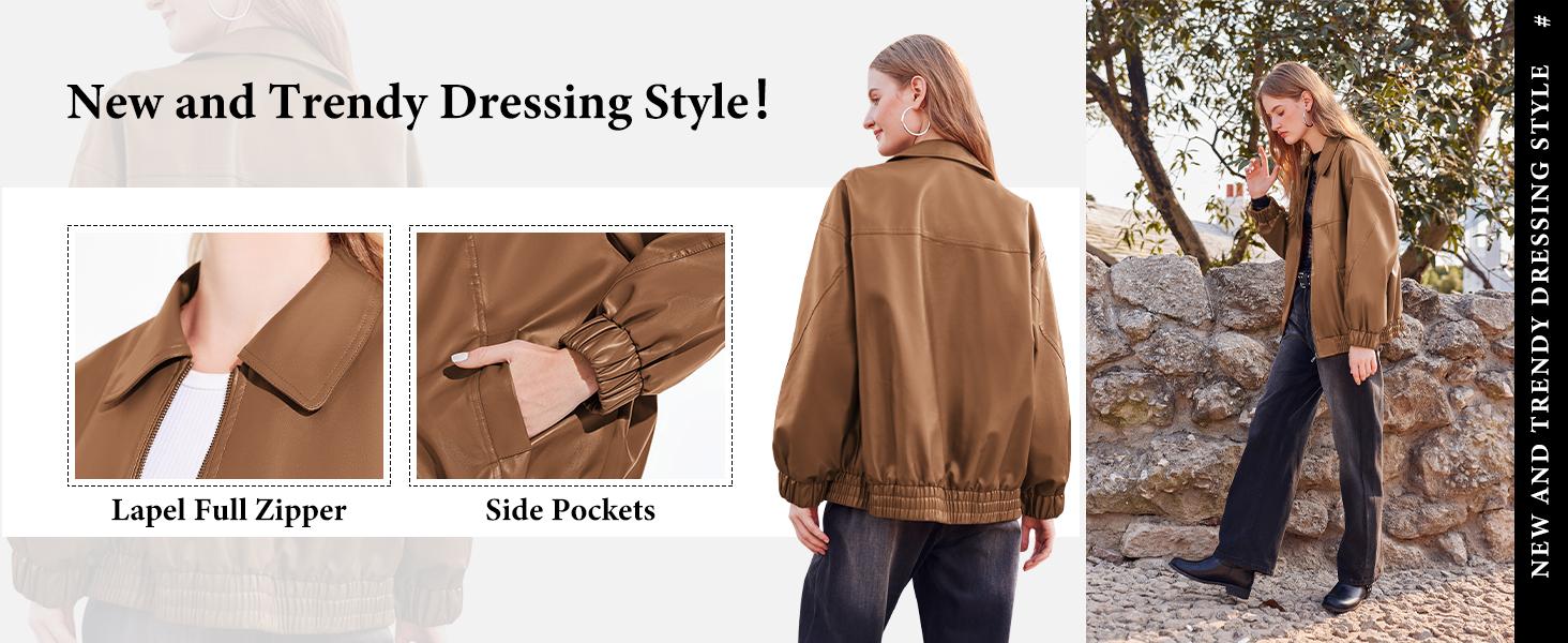 Yousify Womens Leather Jacket Oversized Faux Casual Zip Up Bomber Motorcycle Jackect Trendy Fall Winter Clothes S-XXL