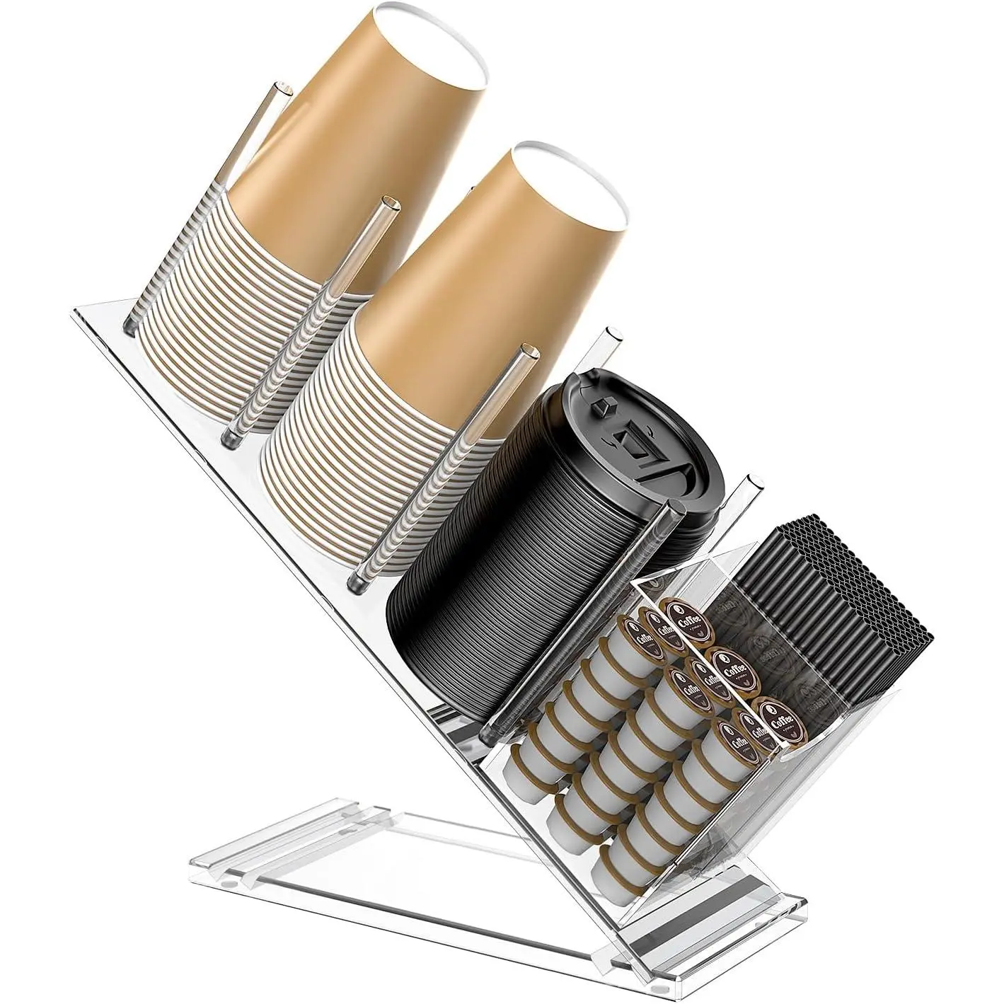 Cup and Lid Holder with Straw Organizer, Adjustable Coffee Cup Holder Organizer, 5 Compartment Cup Dispenser for Disposable Paper & Plastic Cups, for Station  Countertop( in Effect)