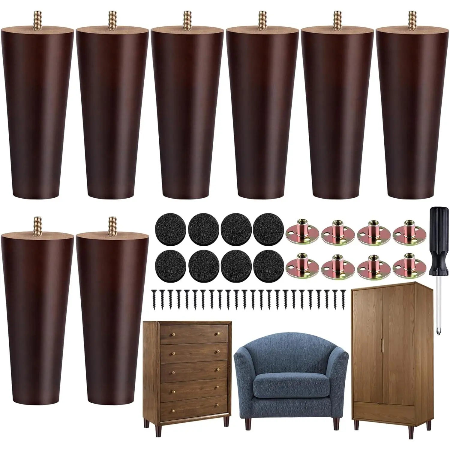 8 Pieces 6 Inches Round Solid Wood Furniture Legs with M8 T-Nuts, Replacement Couch Sofa Legs for Armchair Cabinet Chair Dresser Home DIY Projects, Brown