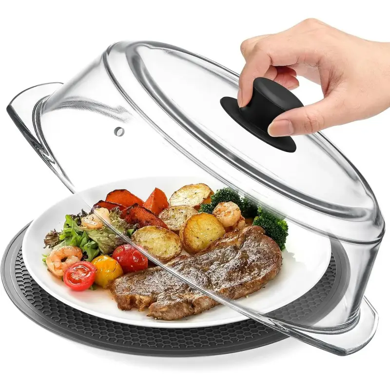 2-in-1 High-Legged Glass Microwave Oven Splash-Proof Cover Suitable for Food and Microwave Oven Placemat, Plate Splash-Proof Cover with Silicone Handle Knob, Cookware and Baking Utensils Serving Plate Cover, Food-Grade Material, Plastic-Free, 10inch-L