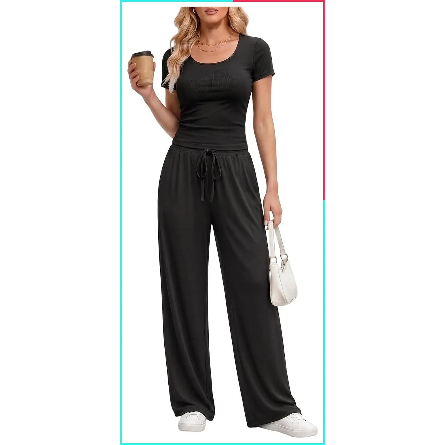 Women's Two-Piece Ribbed Knit Lounge Set Summer Scoop Neck Top & Wide Leg Pants Matching Travel Outfit