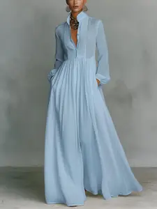 Women's All-Season Solid Long Sleeve Dress, Fashionable Stand Collar Deep V Front Button Design, Comfortable Soft Fabric with Pockets