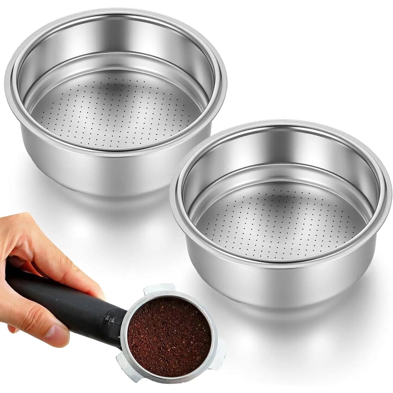 2 Pcs Stainless Steel Coffee Filter, 51mm Pressurized Espresso Filter Basket for Portafilter Machines Espresso Machine Parts Compatible with 51mm Portafilter Coffee Machines (1 Cup+2 Cups)