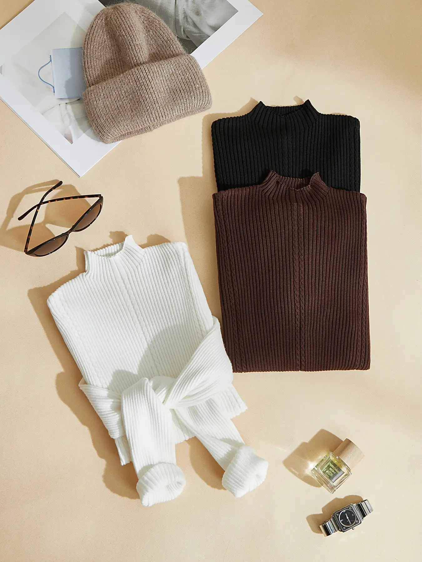 Women's 3-Piece Ribbed Knit Mock Neck Sweater Set, Soft Stretch Long Sleeve Fall Basic Pullover, Casual Fitted H-Type Pullover Knitwear