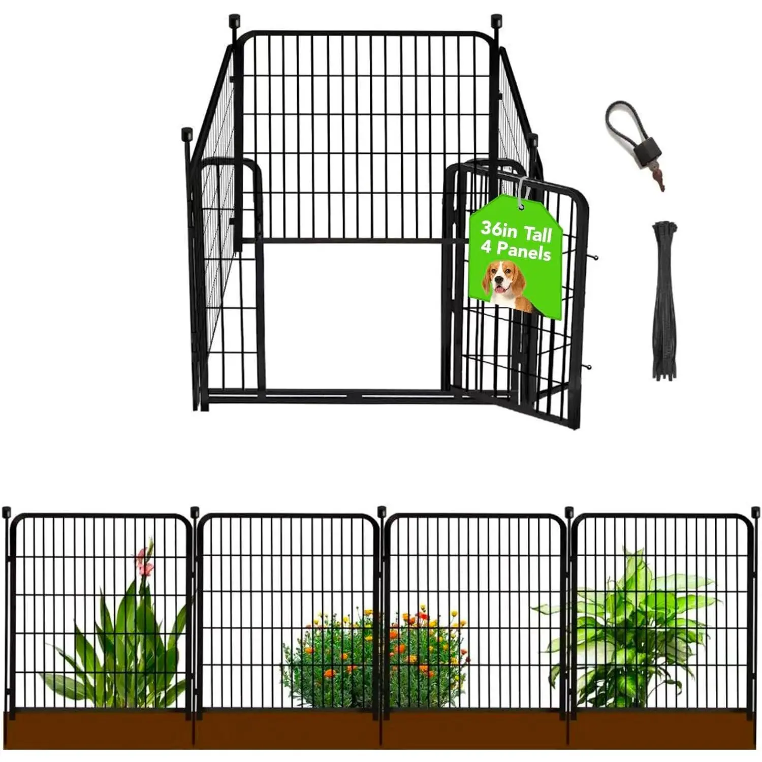 Garden Fence with Gate 36 in(H)×27 in(L) 4 Panels, Heavy Duty Iron  Barrier Fence,  Fence for Garden, Suitable for Indoor  Or Outdoor  Fencing,  8.9 Ft(L), Black