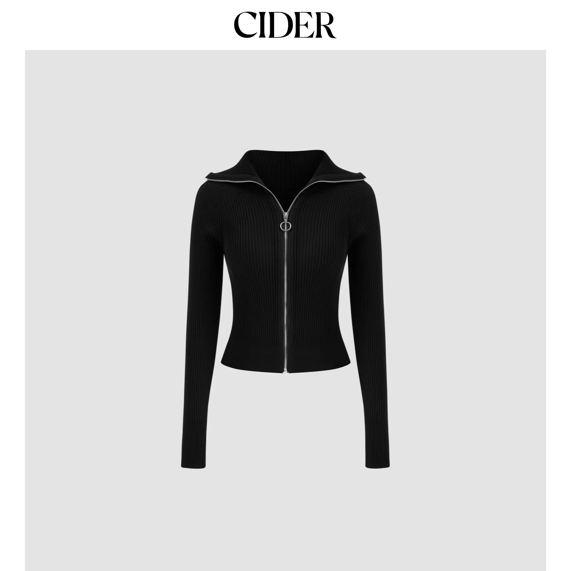 Cider [size 2-26] Knitted Collar Solid Zipper Cardigan
