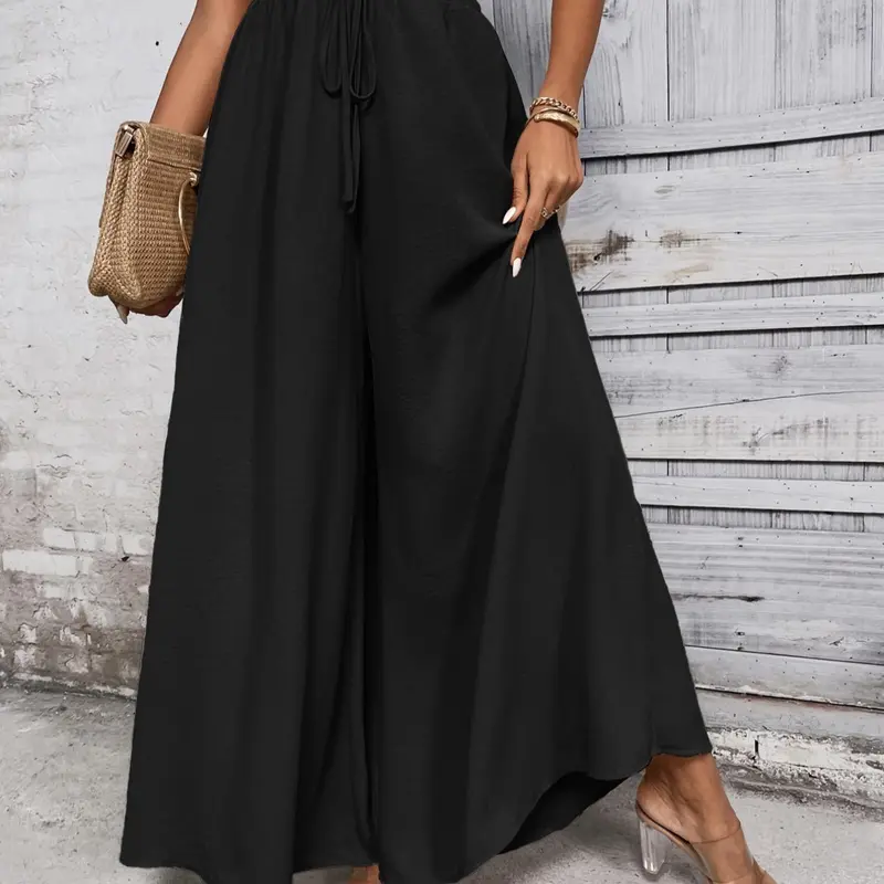 Women's Plain Paper Bag Waist Tie Front Baggy Wide Leg Pants, Summer Clothes Women Casual High Waist Trousers for Summer, Women's Bottoms for Daily Wear, Summer Outfits