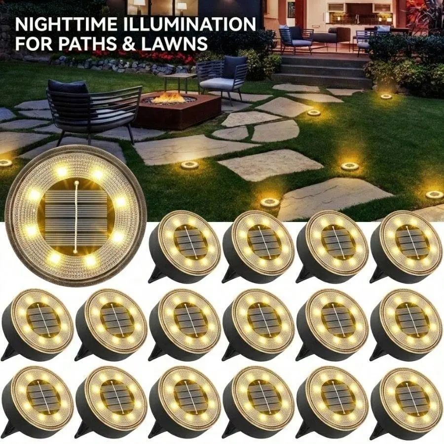8-Pack Modern Solar Ground Lights Outdoor, IP68 Waterproof LED Disc Solar Powered Lamps with Auto Switch, Batteries Included, Garden Light Decor for Backyard Glow Up, Decks