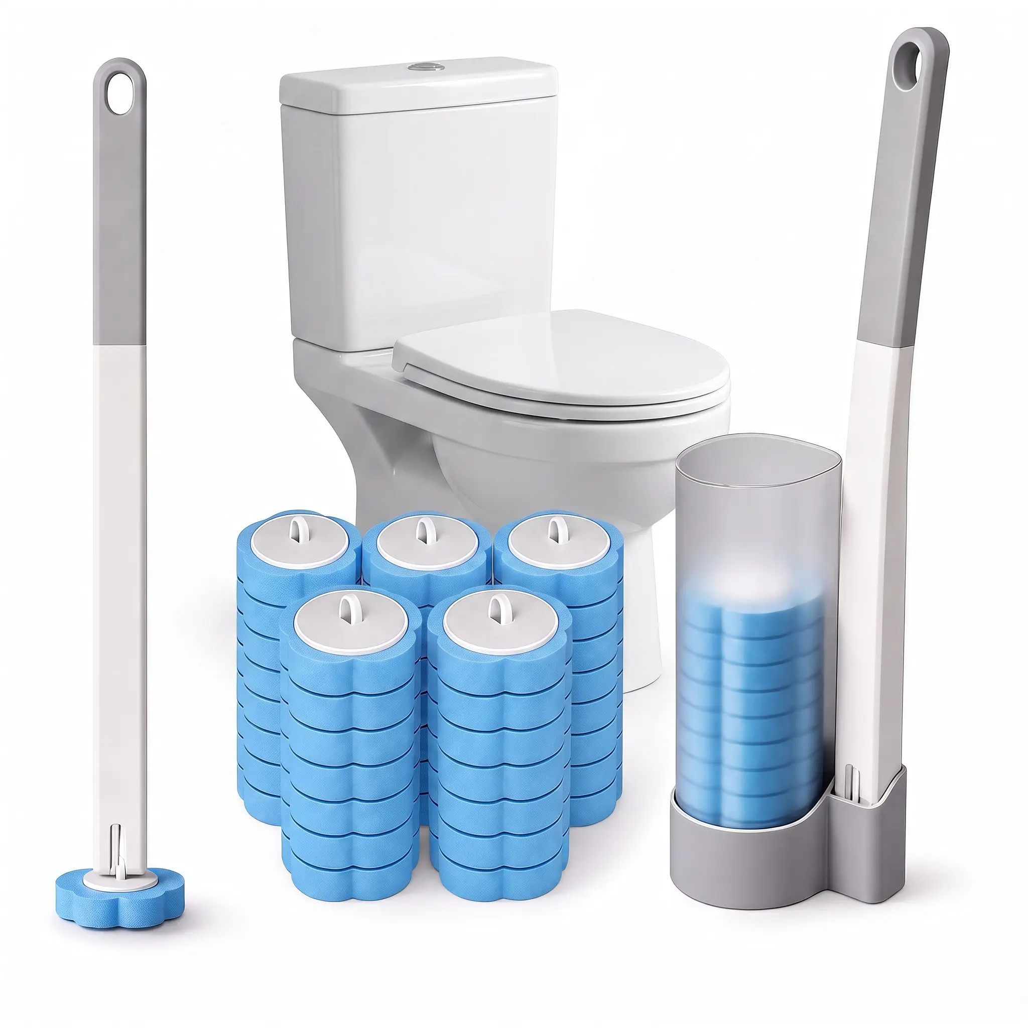 Disposable Toilet Bowl Cleaning Kit with 12/24/36 Plastic Cleaner Refills, Long-Handle Rotatable Sponge Scrub Brush, Wall-Mount Storage Caddy, Fragrance-Free Low-Foaming Cleaners for Toilet, Sink, Bath Tub Accessories, Cleaning Supplies