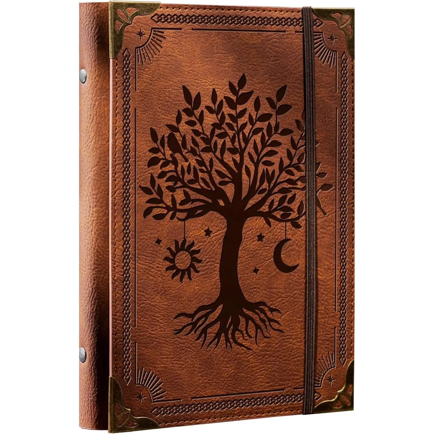 PU Leather A5 Binder 6 Ring Refillable Journal Cover No Refill Paper A5 Planner Binder Loose Leaf Binder for Notebook 5.7”x8.3” with Elastic Closure, Brown Tree