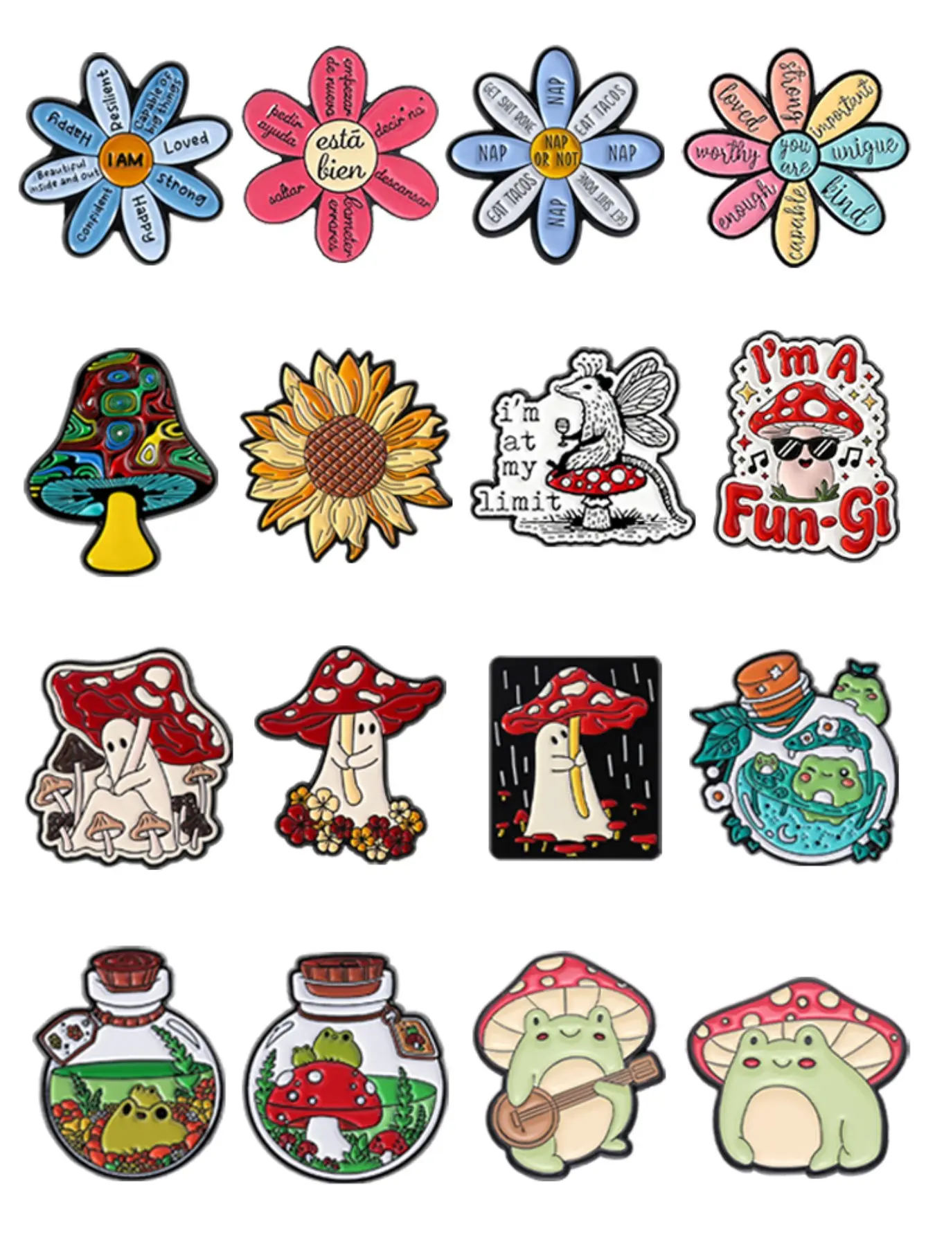 16pcs/set Psychedelic Mushroom Enamel Decor Pins Weird Fly Agaric Drifting Bottle Frog Sunflower Daisy Flower Alloy Brooches Lapel Backpack Badge Fashion Jewelry Accessories Gifts for Friends