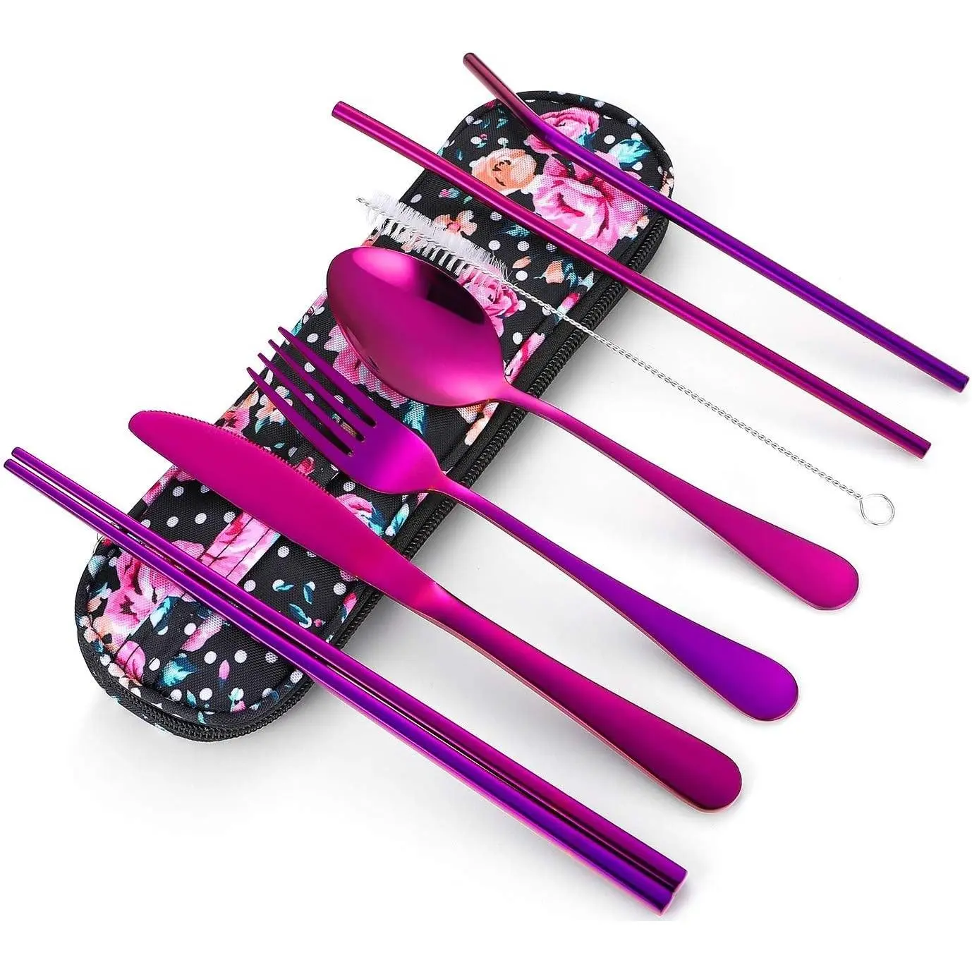 Stylish Stainless Steel Travel Utensils Set, Reusable Portable Cutlery with Waterproof Carrying Case for Lunch Boxes, Camping (Purple), Carry Pouch