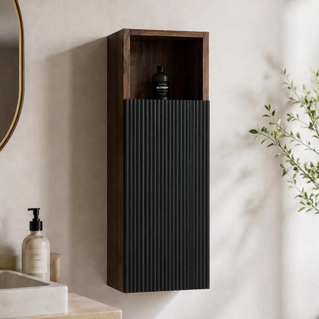 ARCH Mid-Century 12-Inch Wall-Mounted Bathroom Storage Cabinet, Black & Dark Walnut Floating Side Cabinet with Soft-Close Door, Moisture-Resistant Particle Board & MDF, Small Space Organizer for Bathroom, Living Room, Bedroom, Black + Dark Walnut, Furnitu
