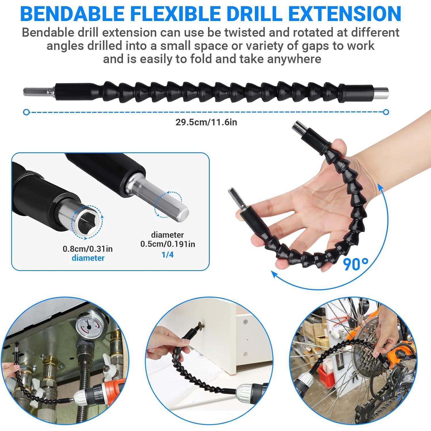 32 count Flexible Drill Bit Extension Set, Rotatable Joint Socket 1/4 3/8 1/2 Inch Hex Socket Adapter, 105Right Angle Drill Attachmen, Bendable Drill Bit Extension  Kit with a Box (Silvery)