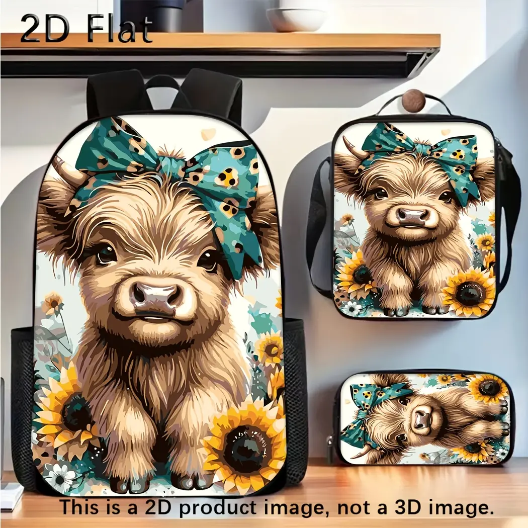 3-Piece Polyester School Bag Set with Leakproof Lunch Bag & Pencil Case, Preppy Retro Minimalist Highland Bull Print, Large Capacity, Lunch Box, Water Resistant, Holiday, Synthetic, Backpack, Back To School Haul, High-Capacity, School Backpacks