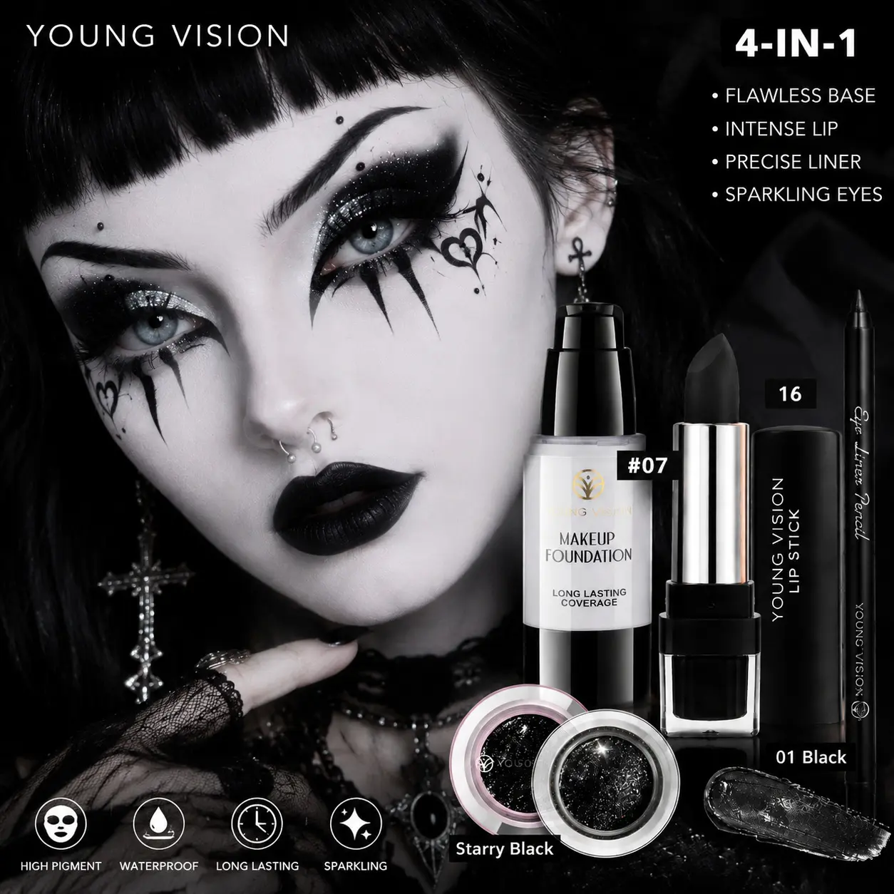 4pcs Halloween Facial Makeup Combination Set, Gothic Black Makeup Set, Including White Foundation Make-up Black Eyeliner Eye Shadow Lipstick Halloween Exaggerated Makeup Set