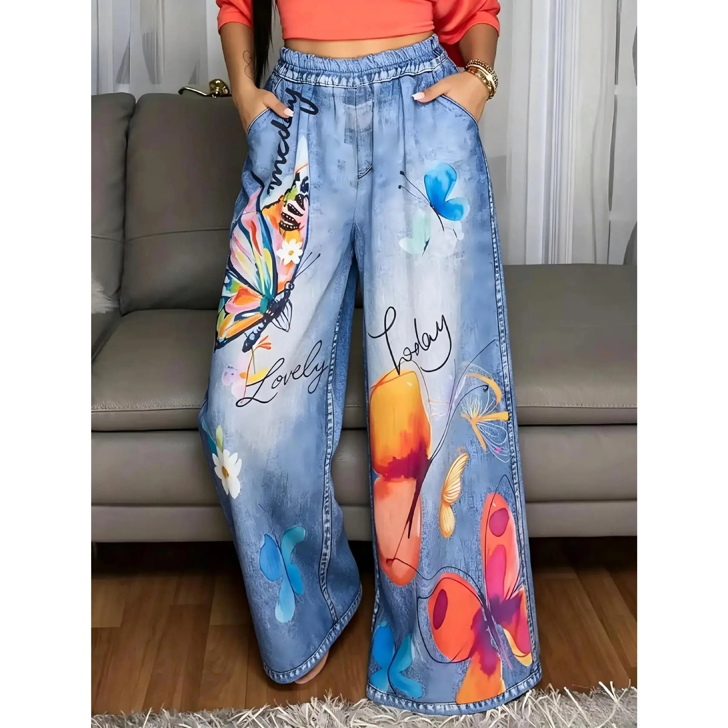 Women's High-Waist Faux Denim Jeans - Colorful Artistic Butterfly Prints, Elastic Waistband, Loose-Fitting Polyester Casual Wide-Leg Pants, Slimming Machine Washable Womenswear Bottoms, All Seasons, Normal Type, Streetwear, Knitting