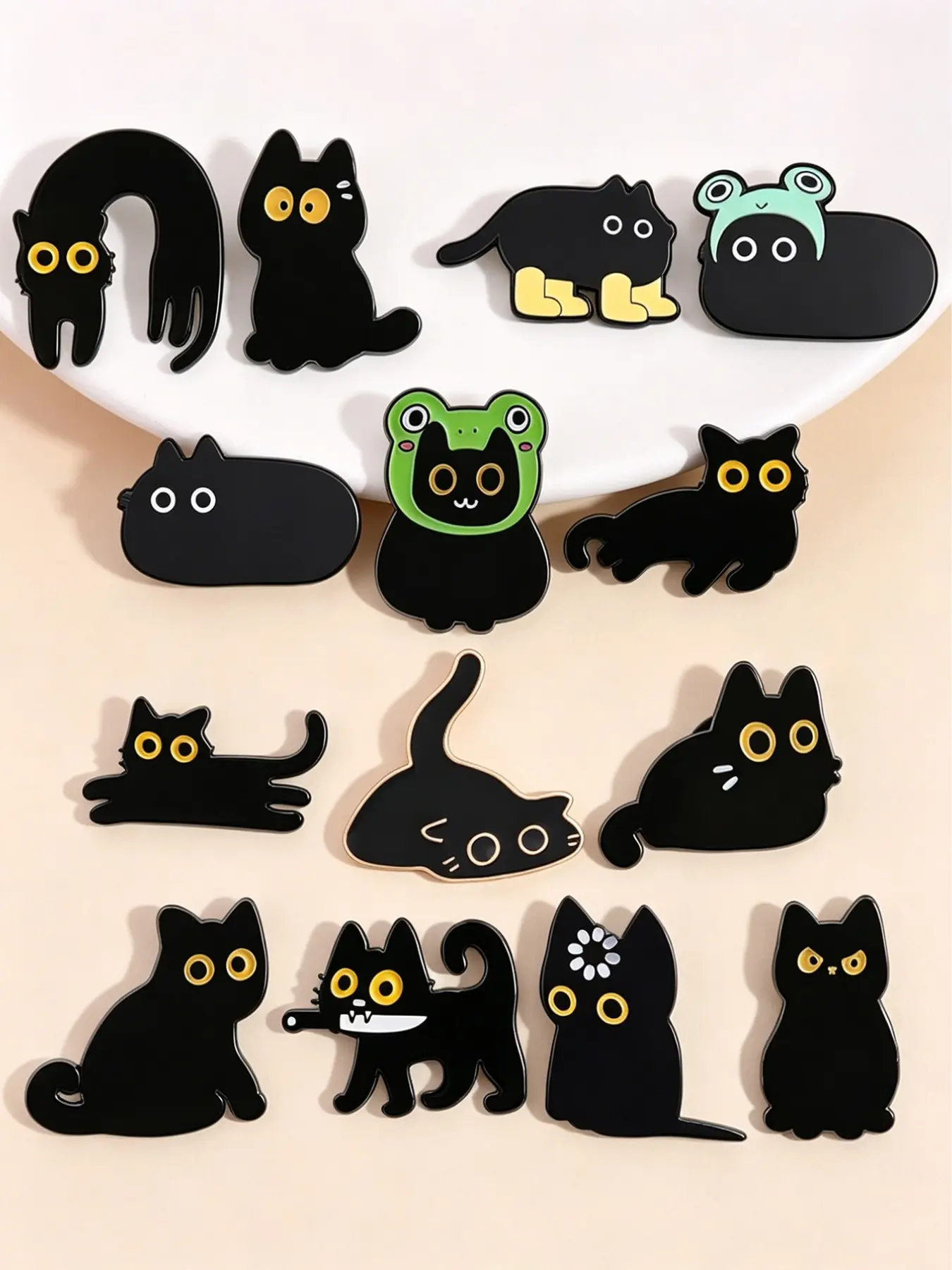 14pcs Cute Black Cat Enamel Pins, Brooch Set, Cartoon cat Badges with Frog Hood and Various Poses, Fashion Accessory for Clothes and Backpacks, Perfect Gift for Cat Lovers