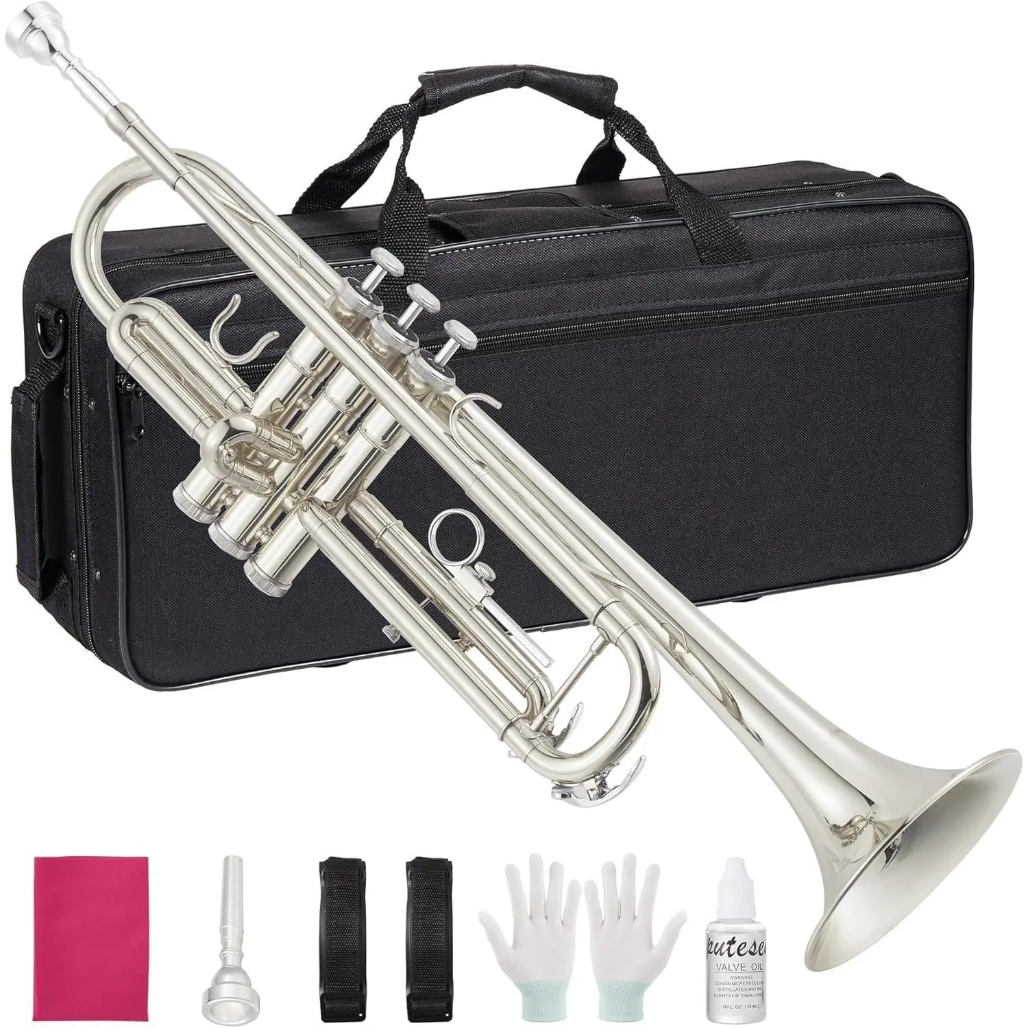 Nickel-Plated Brass Bb Trumpet Student Kit for Beginners, Musical Instruments with Hard Case, Mouthpiece, Cleaning Kit, Gloves for School Music Training