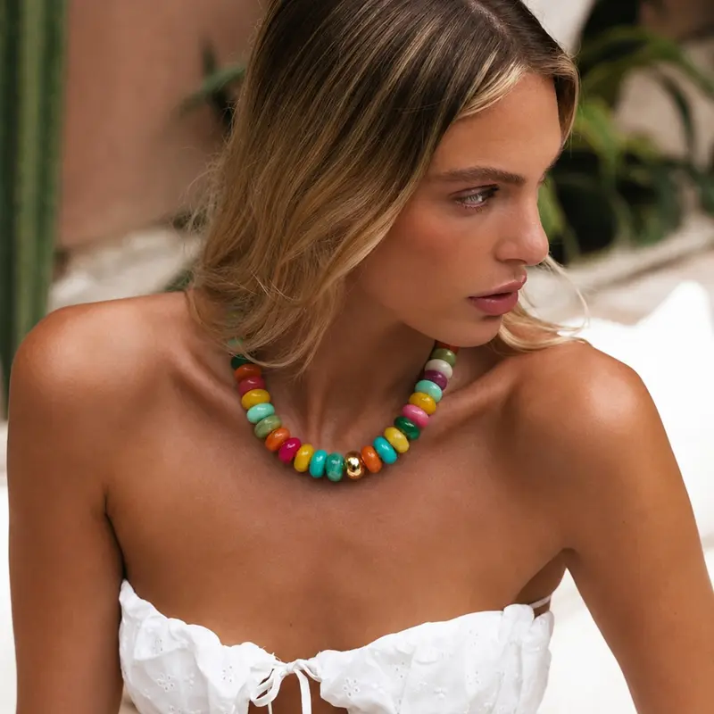 Women's Beaded Chunky Chain Necklace, Bohemian Style Oval Bead Jewelry, Fashion Summer Beach Gift, Bikini Necklace for Holidays, Boho Style Jewelry