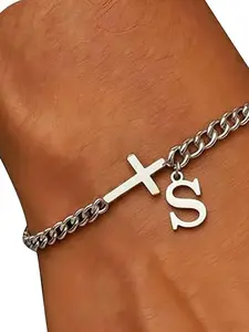 Men's Cross Cuban Chain Bracelet, Letter A-Z Faith Cross Bracelet, Stainless Steel Fashion Letter Pendant, Adjustable Length, Elegant Accessory